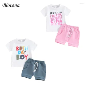 Kleidungssets Blotona Kleinkind Girl Junge Geburtstags-Outfits Brief Druck Kurzarm T-Shirts Tops Elastic Taille Shorts 2pcs Sommerkleidung Set