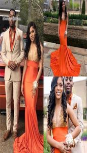 2020 Sexy African Orange Vneck Prom Dresses With Appliques Sleeveless Sweep Train Mermaid Evening Party Dress8389151