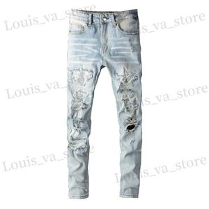 Herren Jeans Männer Kristalllöcher zerrissene Patchwork -Jeans Strtwear hellblau Denim Slim Skinny Bleistifthosen Hosen T240411