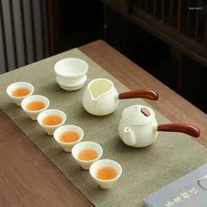 Teaware Sets Tracing Gold Sheep Fat Jade Tea Set Office Wooden Handle Ceramic Gift Box