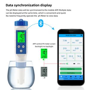 BLE-9909 Intelligent Bluetooth Salinity Meter Water Quality Test Pen PH Meter for Aquariums Pool Fish Tank Seafood Aquaculture