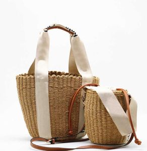 Damen tragbare Korbhandtasche Strohhalm Holz Tasche Fass Geldbeutel Designer Mode gewebte Lederschale Outdoor -Reise -Strandbags3534660