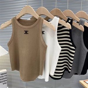 Premium Edition Women's T-shirt Striped Halter Tank Top Women's Summer Knitwear French Fashion Clothing Two C letter graphic prints on fashion casual