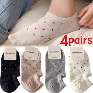 Women Socks 4pairs Invisible Polka Dot Boat Breatheable Cotton Low-cut Hosiery Soft Thin Short Sox Silicone Non-slip Ankle Sock