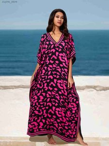 Basic Casual Dresses Rose Red Printed Stripes Sexy V Neck Side Split Beach Kaftan Dress 2024 Summer Women Batwing Sleeve Maxi Dresses Q1609 L49