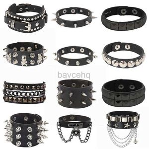 Bangle Hot Heart Gothic Spike Bracelet Adjustable Punk Rock Bracelet Black Studded Faux Leather Bracelet for Men Women Gift 240411