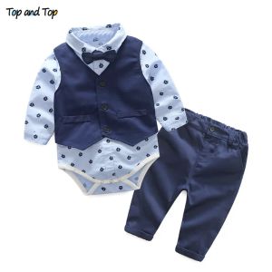 Top- und Top -Herbst -Mode -Säuglingskleidung Kleidung Babyanzug Baby Jungen Kleidung Gentleman Fliege Biege Strampler + Weste + Hosen Baby Set