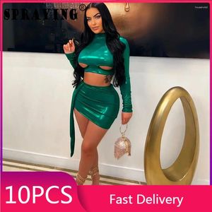 Work Dresses 10 Dress Sets 2024 Long Sleeve Crop Top Mini Skirt Wholesale Hollow Out Pleated Bandage Two Piece Set Womens Outfits S13090