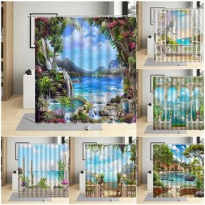 Shower Curtains Spring Waterfall Flowers Nature Landscape Ocean Seaside City European Style Fabric Bathroom Decor Set With Hooks