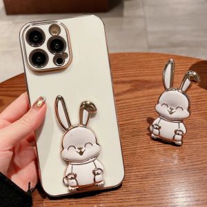 Luxury Plating Frame Rabbit Holder Phone Case For iPhone 11 12 13 14 15 Pro Max X XR Soft Shockproof On 7 8 14 Plus Stand Cover