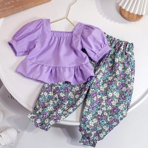 Set di abbigliamento 2024 Girls della primavera Summer Cash's Children's Set di camicia bianca gialla viola Top Anti-Mosquito Pantaloni Atmoschi