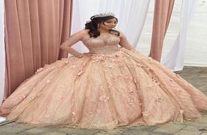 Скляпки 3D цветочные цветы розовые золото плюс размеры Quinceanera Promes 2022 Ball Pland Long Иллюзии рукава кристаллические стразы SW9552505