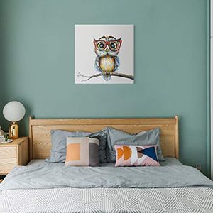 Owl with Glasses Funny Animal Picture Canvas Wall Art Hand Painted Decor Oil Painting Stretched Framed Artwork Bedroom