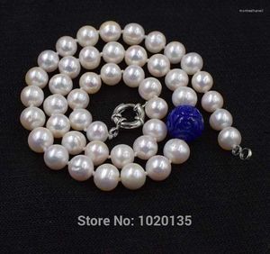 Łańcuchy słodkowodne perły biały w pobliżu okrągłego i lapis lazuli rzeźbione natury Naszyjnik hurtowy 18nch