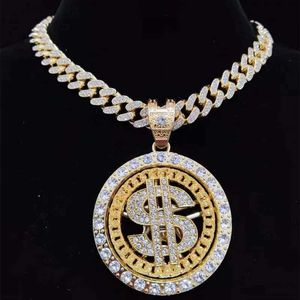 Naszyjniki wiszące mężczyzn Hip Hop lodowe Bling Rotatable Dollar Naszyjnik 13 mm kryształowy łańcuch kubański Hiphop Modna biżuteria