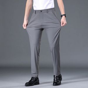 Summer Good Stretch Smooth Trousers Men Business Elastic Waist Korean Classic Thin Black Gray Blue Casual Suit Pants Male Brand 240411