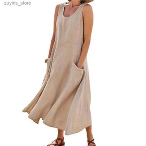 Basic Casual Dresses Plus Size Cotton Linen ress for Women 2023 Summer Oversized Tank Shirt Dress Solid Large Size Female Clothing Loose Long Dress L49