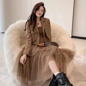 Work Dresses Women Clothing 2 Piece Dress Set 2024 Spring Autumn Korean Office Lady Graceful Blazer Outfit Suit Jacket Q322