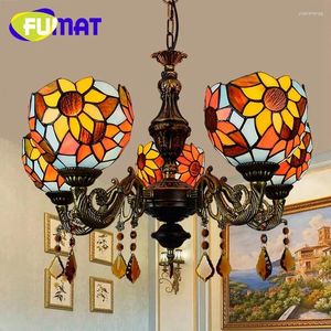 Avizeler fumat tiffany stil vitray retro pastoral ayçiçeği 5 kafa kristal kolye lamba çubuğu çubuk oturma odası yemek yatak odası dekor