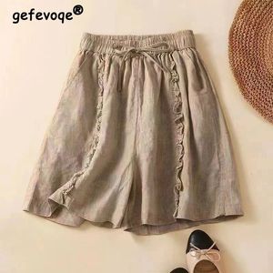 Summer Women Vintage arruffata in cotone lino in cotone Shorts Female Streetwear Casual Street High Waist Lace su pantaloni corti 240411