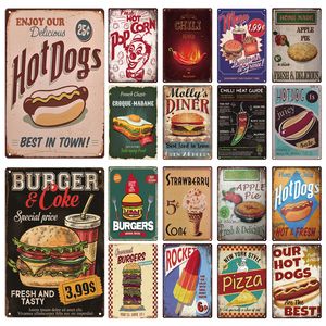 Hamburger Metal Tin Sign Fast Food Hotdogs Retro Plaque Vintage Frie Pizza Metal Plate Poster Kitchen Restaurant Shop Wall Decor