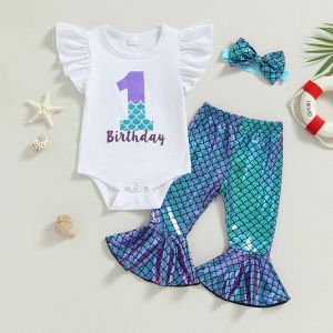 Hosen Mababy 618m Neugeborene Kind Mädchen Kleidung Sets 1. Geburtstag Outfits Brief Print Strampler Meerjungfrau ausgestattet Hose Stirnband D05