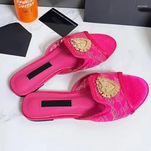 Slippers Rose Red Lace Open Toe Flat Woman Summer 2024 Mesh Sandálias Round Sandals Round Sandals Sapatos para mulheres