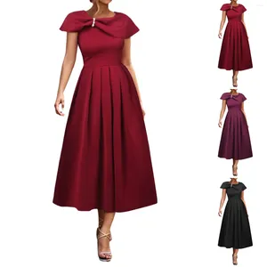 Casual Dresses Red Formal Occasion For Wedding Guest 2024 Summer Solid Short Sleeve Elegant Pleated Dress Swing A-Line Party Robe