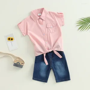 Kläduppsättningar Småbarnsflicka 2st sommarkläder Kort ärm Knut Hem -knapp ner skjorta denim shorts set barnkläder