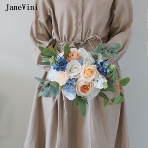 Janevini Neue romantische blaue weiße Brautblumen Hochzeitsstrauß künstliche Seidenrosen 2023 Frühlingsstraußzubehör für Braut
