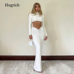 Skirts Women Sexy Long Sleeve Crop Tops Ruched Maxi White 2 Two Piece Sets Party Clubwear Outfits Pencil Skirt 2024 Autumn