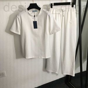 Women's Two Piece Pants designer set of comfortable and minimalist triangular label fabric short sleeved T-shirt+drawstring elastic waist straight leg casual pants