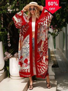 Högkvalitativ kvinnors designer badkläder sexig bikinis handlar om nya mode kvinnor badkläder coverup strand kimono lös stor silkeslen baddräkt täcker rött tryck sarong kaftan