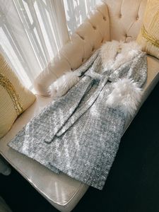 Winter Gray Contrast Color Tweed Wool Blends Outwear Coat Long Sleeve Lapel Neck Sequins Midi Long Outwear Coats J3N261479