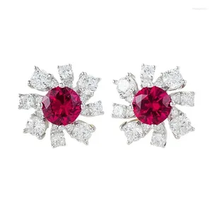 Stud Earrings S925 Silver Ear Pigeon Blood Red One Carat Round Diamond Sunflower Petals Small And Versatile Earring Jewelry