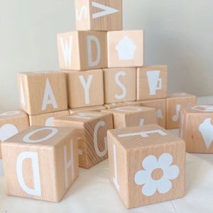 26Pcs Alphabet Building Blocks Wood Beech Letters Cubes Children Toddler Early Educational Learning Toys Baby Nursery Room Decor