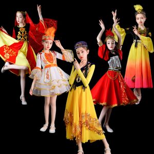 新jianguygurスカートチベットダンスコスチューム女の子のための伝統的なマイノリティフォークダンス服
