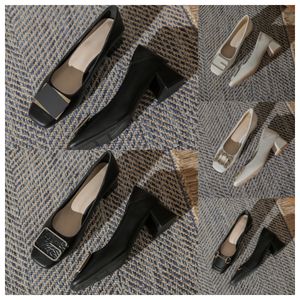 2024 Top Designer High square toe black womens fashionable middle heels soft soles thick heels and single shoes