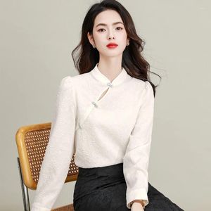 Blusas femininas 2024 Han Roupas de estilo Han Women White qipao camisa mandarim colarinho chinês fivela inclinada design de racket jacquard tops