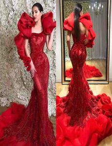 Designer Red Mermaid Prom Dresses 2019 Sexiga ruffles axel spetsar backless aftonklänning svep tåg formella festklänningar anpassade mad2084014