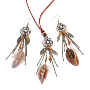 Boho Vintage Round Dream Catcher Long Feather Earrings Set Handgjorda bladkedja Tasselhalsband Örhängen Fest smycken gåva