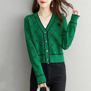 Women's Knits In Outerwears V-neck Long Sleeve Wool Cardigans Women Vintage Geometric Plaid Knit Sweater Tops Mom's Spring Fashion