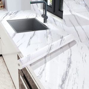 80CM Gray/White Glossy Marble Wallpaper Foil Self Adhesive Oil Water Proof Wall Sticker for Cabinet Kitchen Countertop Furniture