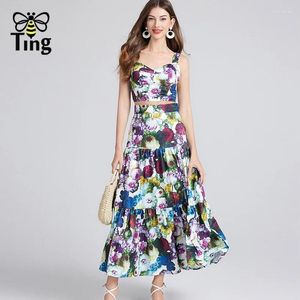 Arbetsklänningar Tingfly Women Summer Fashion High Quality 2 PCS Set Croped Top Maxi Long kjolar Floral Dress Set Party Dinner Outfits