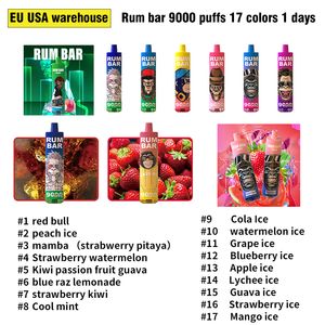 EU USA Lagerhaus Neue Original Rum Bar 9000 Puffs Einweg-E-Zigaretten 2 % 5 % 650mAh 18ml Autorisierte Netzspule mit wiederaufladbarem Batterie 17 Farben Leicht Vape Stift