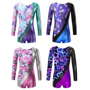 Hot Kids Girls Patchwork Print Gymnastic Leotard Round Neck Long Sleeve Boyleg Dance Jumpsuit for Stage Performance Yoga Fitness