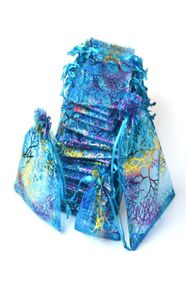 Blue Coralline Organza Drawstring Jewelry Packaging Pouches Party Candy Wedding Favor Gift Bags Design Sheer with Gilding Pattern 4093138