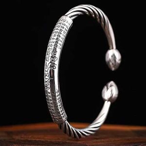 Bangle Buddhist Six-Word Mantra Bracelet Retro Silver Color Lotus Open Bracelet Suitable for Mens Personalized Twisted Wrist Jewelry 24411