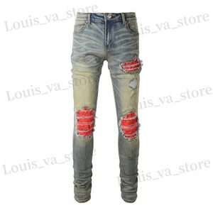 Herren Jeans Herren Cracked Patch Stretch Denim Jeans Strtwear Löcher zerrissene Patchworkhosen Vintage dünne sich verjüngende Hose T240411