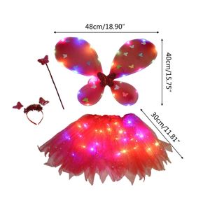 4st/Set Kids Girls Glowing Sequin Tutu kjolar Butterfly Wing Hair Hoop Fairy Stick Cosplay Prop kläder för 3 till 10 år gamla